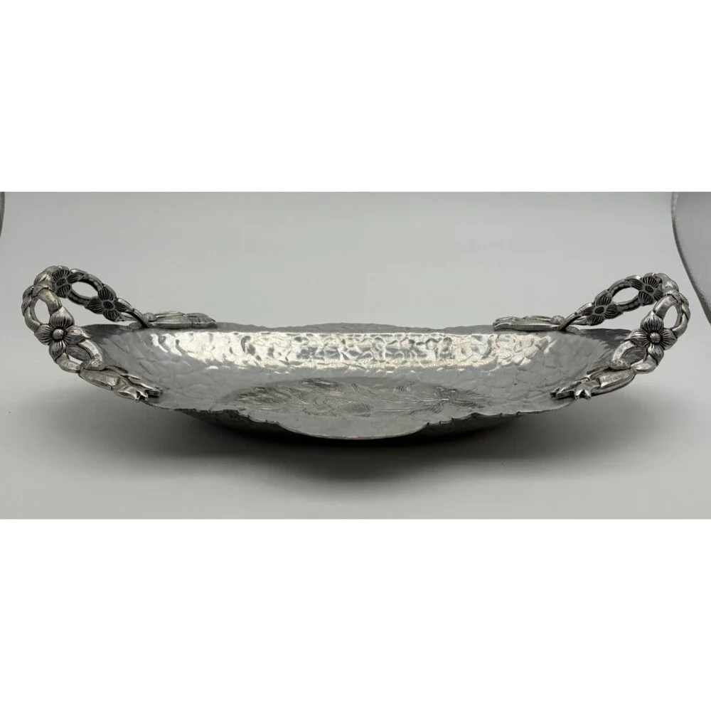 Vintage Rodney Kent Hand Wrought Hammered Aluminum TULIP Oval Tray w Handles 14